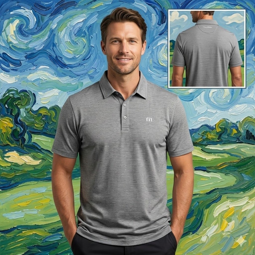 Travis Mathew Mens XXL Grey Micro Stripe Performance Polo‎ Shirt Short Sleeve